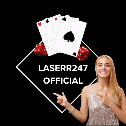 Laserr24 official logo with playing cards and dice on black background.